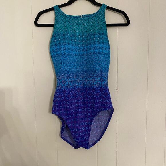Kathy Ireland 90s Swim Green Blue Floral Ombre Vintage One Piece Size 16 - Picture 1 of 8